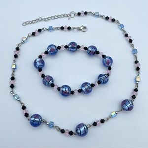 Blue Murano-Style Glass Bead Necklace & Bracelet Set